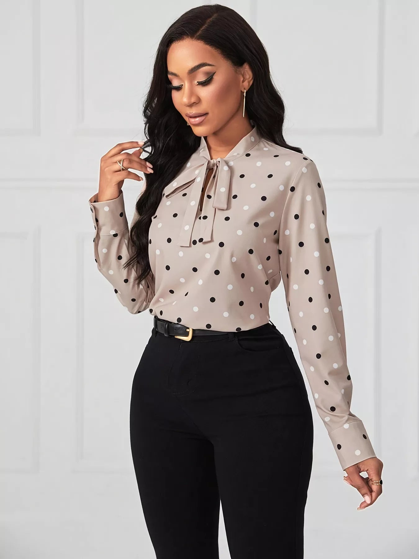 Sarah Express Women's Polka Dot Tie Neck Blouse