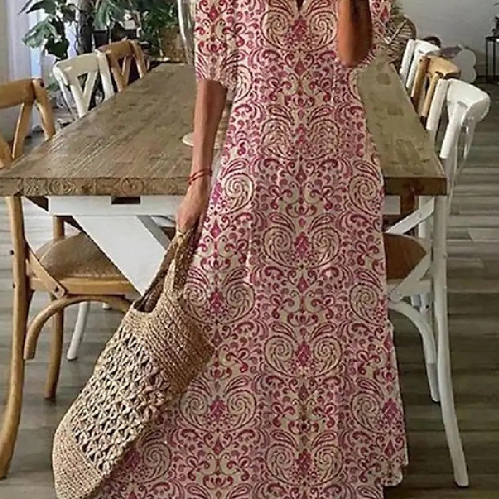 Women's Floral Print V-Neck Maxi Dress Short Sleeve A-Line Pullover