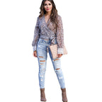 Women's Distressed Skinny Pants Mid Waist Cotton Ripped Denim Trousers Street Style