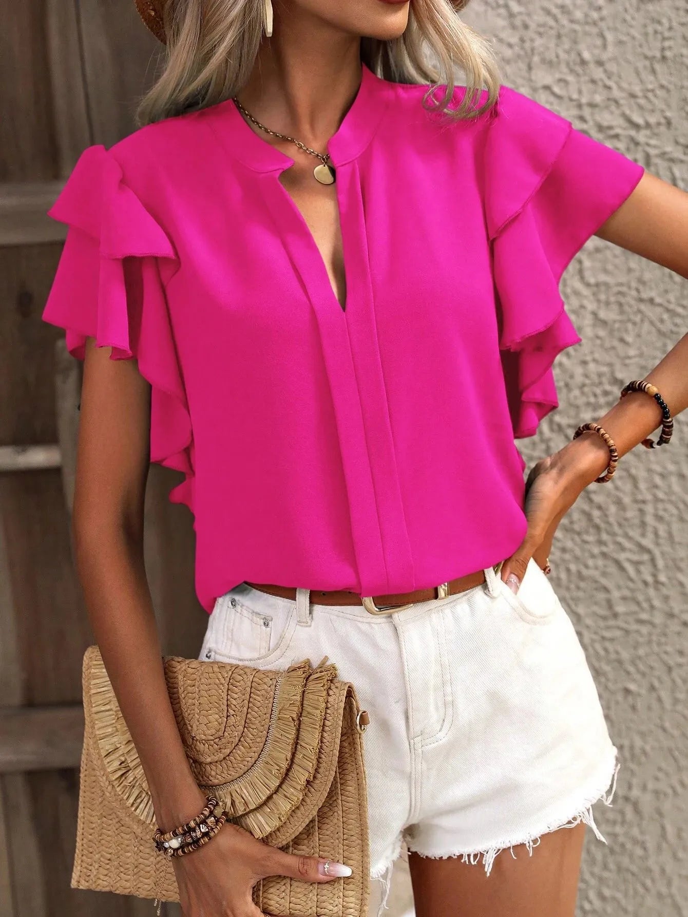 Sarah Express Women's Ruffle Sleeve Notched Blouse Hot Pink