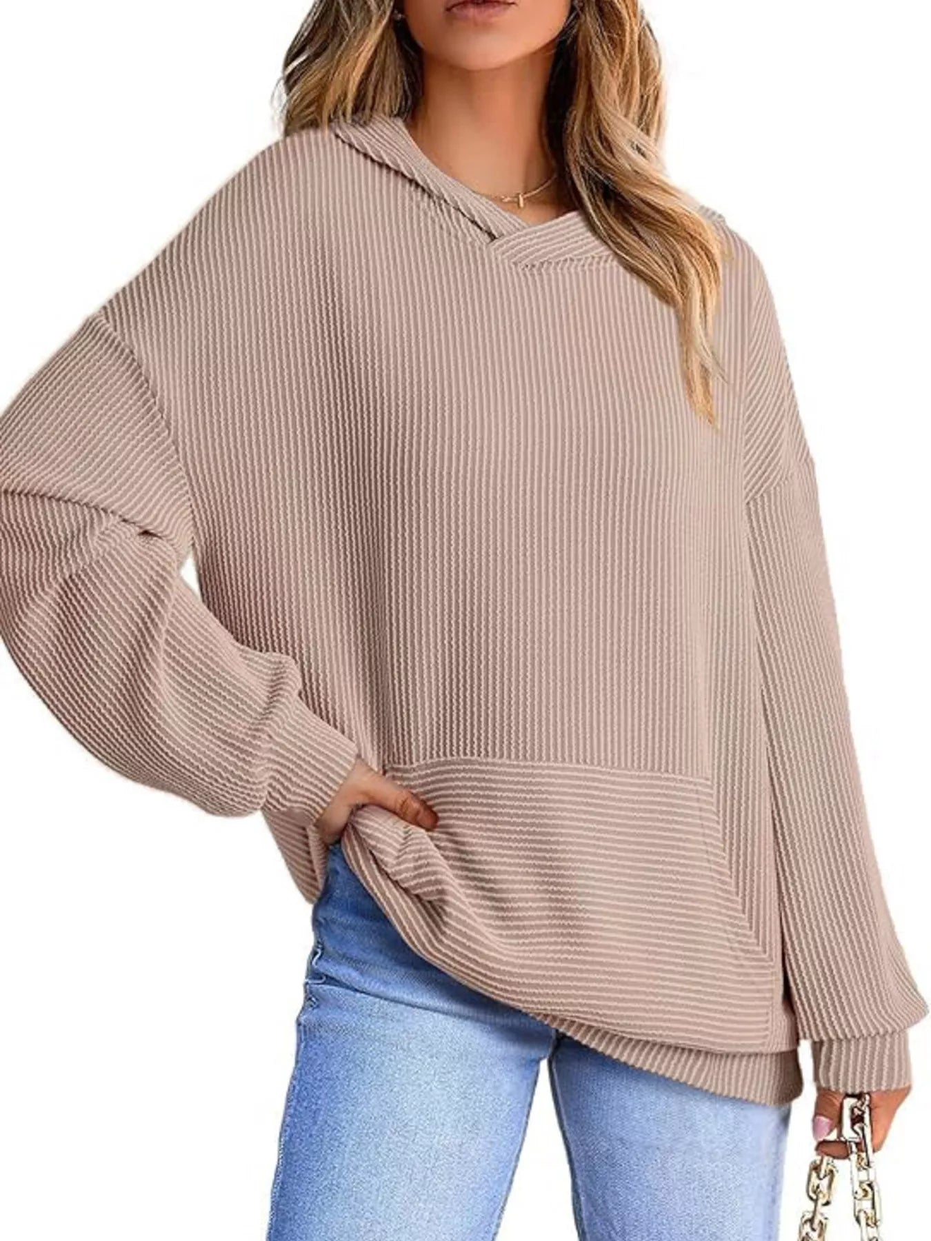 Sarah Express Women's Ribbed Oversized Hoodie Sweatshirt with Pocket Light Coffee