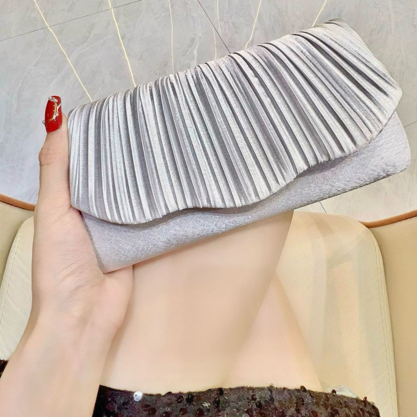 Sarah Express Elegant Satin Pleated Evening Clutch Bag - Cheongsam Style Formal Handbag with Hasp Lock Clutch Silver