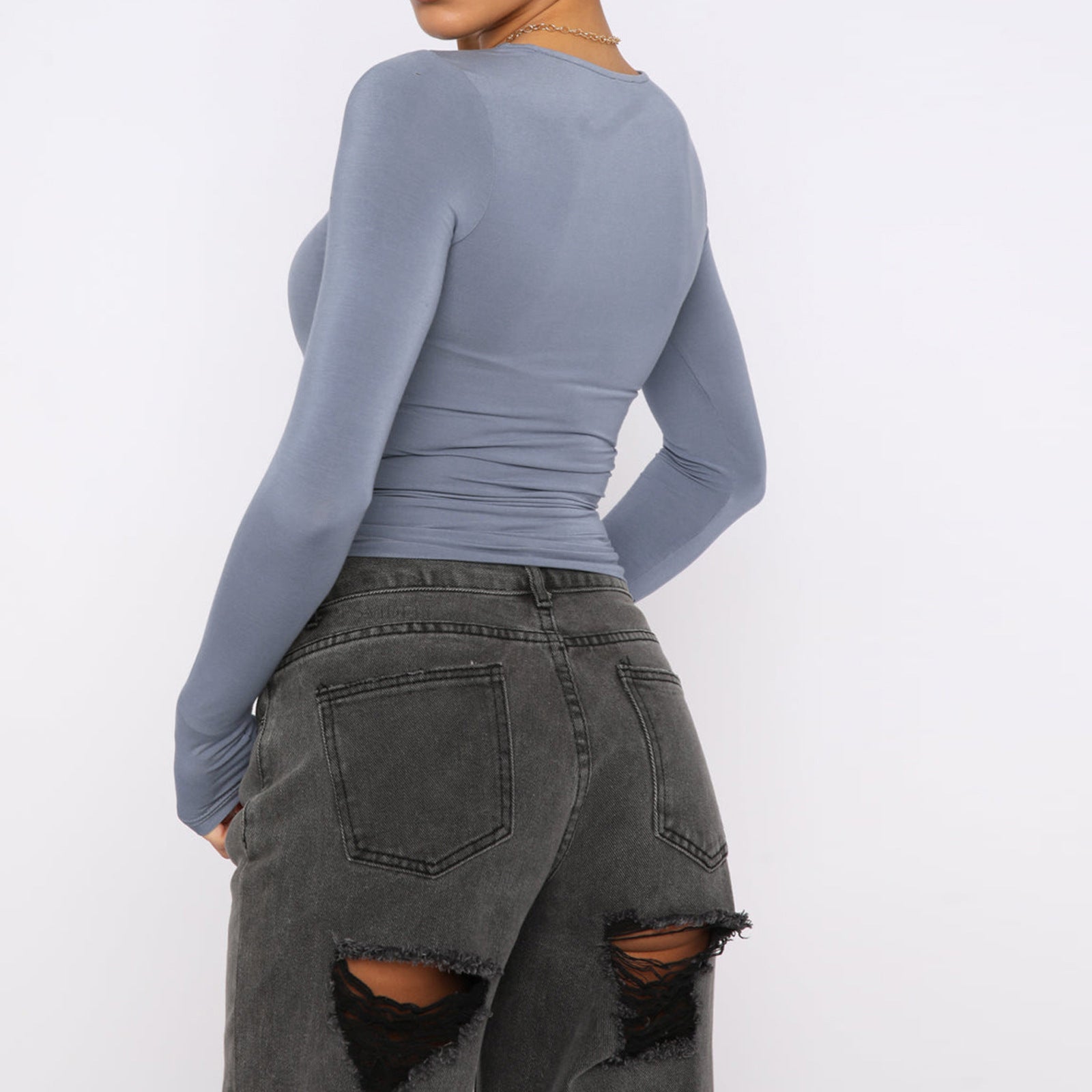 Women's Long Sleeve Pullover Top Round Neck Casual Solid Color Shirt