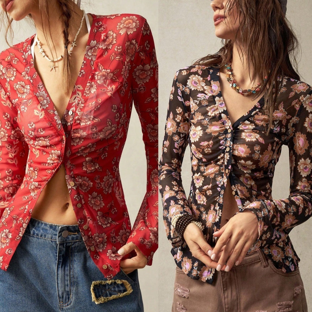 Women's Floral Print Long Sleeve Slim Fit Button-Down Cardigan Shirt