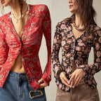 Women's Floral Print Long Sleeve Slim Fit Button-Down Cardigan Shirt