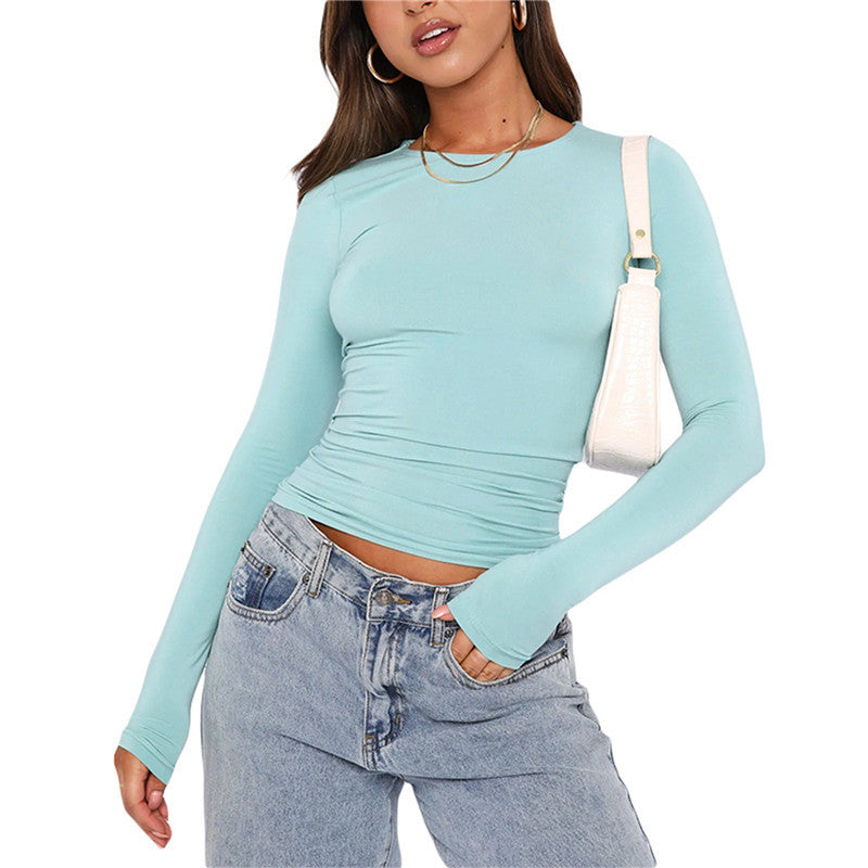 Women's Long Sleeve Pullover Top Round Neck Casual Solid Color Shirt