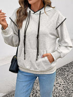 Sarah Express Women's Contrast Trim Drawstring Hoodie with Kangaroo Pocket Light Gray