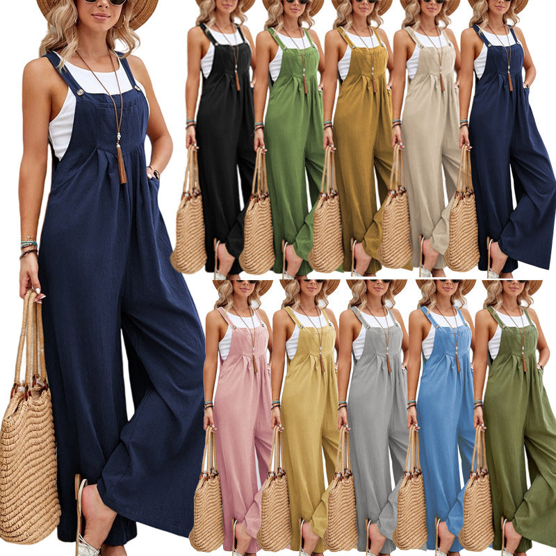 Women's Solid Color Cotton Suspender Trousers Casual Overall Straight Leg Mid Waist with Pockets