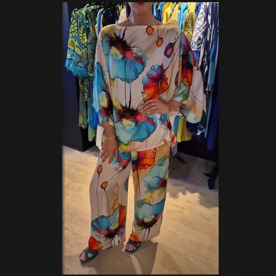 Women's Printed Satin Two-Piece Suit Bell Sleeve Top and Pants Set