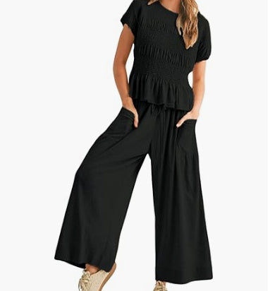 Pleated Top Wide Leg Pants 2-Piece Matching Set