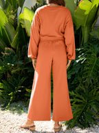 Sarah Express Women's Round Neck Long Sleeve Top and Pants Set - Drawstring Two-Piece Loungewear