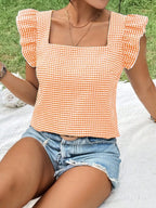 Sarah Express Women's Gingham Ruffle Sleeve Square Neck Blouse