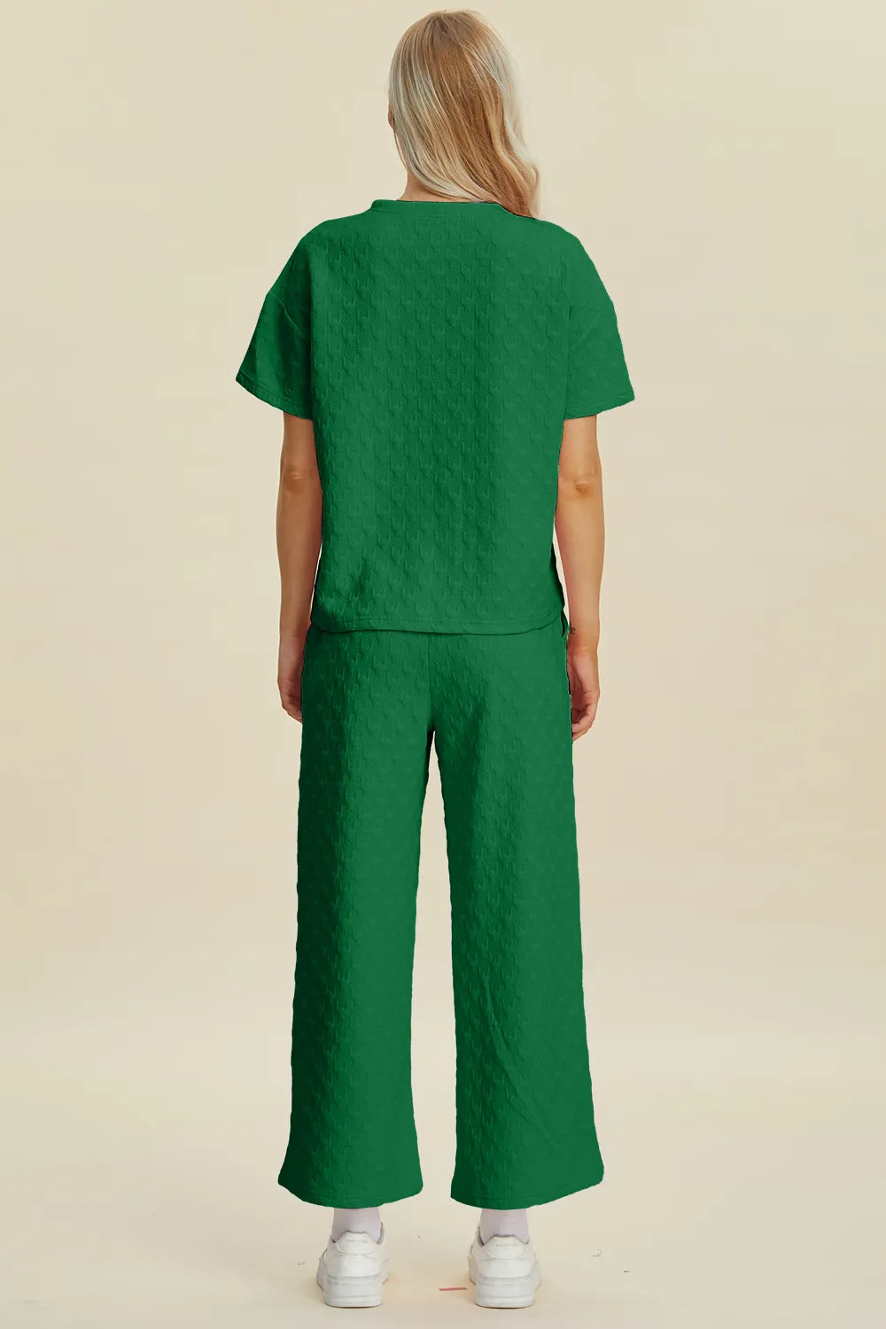 Sarah Express Women's Textured Round Neck Short Sleeve Top and Pants Set