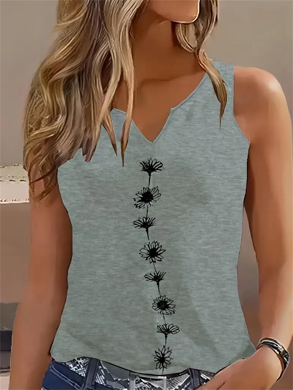 Women's Floral Print Tank Top Notch Neck Sleeveless Summer Casual Top