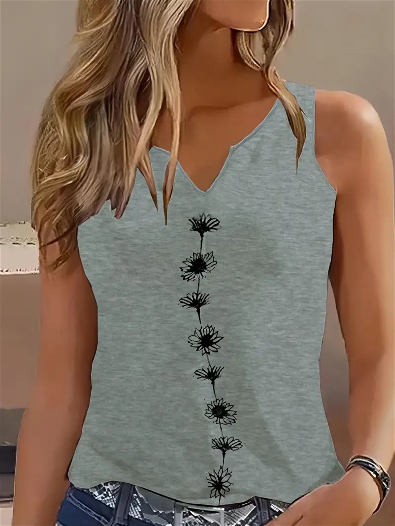 Women's Floral Print Tank Top Notch Neck Sleeveless Summer Casual Top