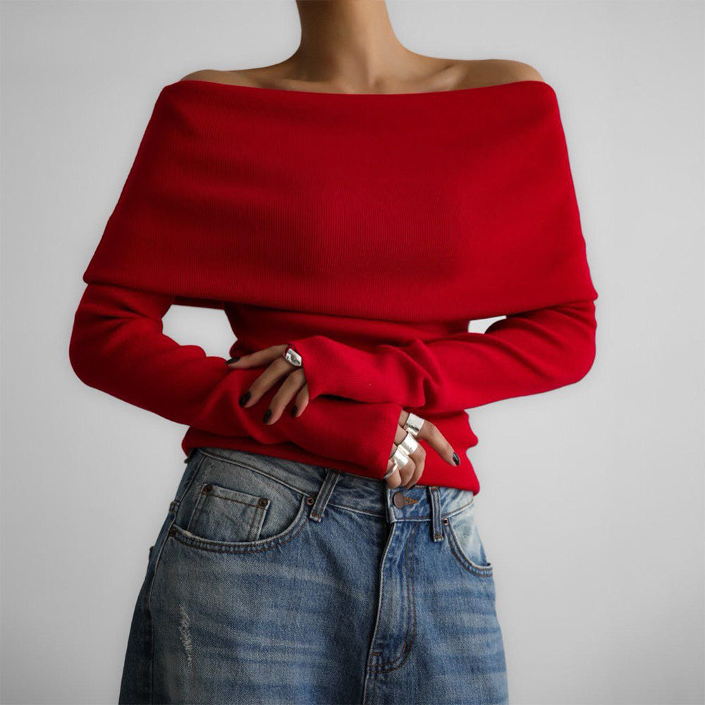 Women's Off-Shoulder Knitted Long Sleeve Top Slim Fit Pullover Sweater