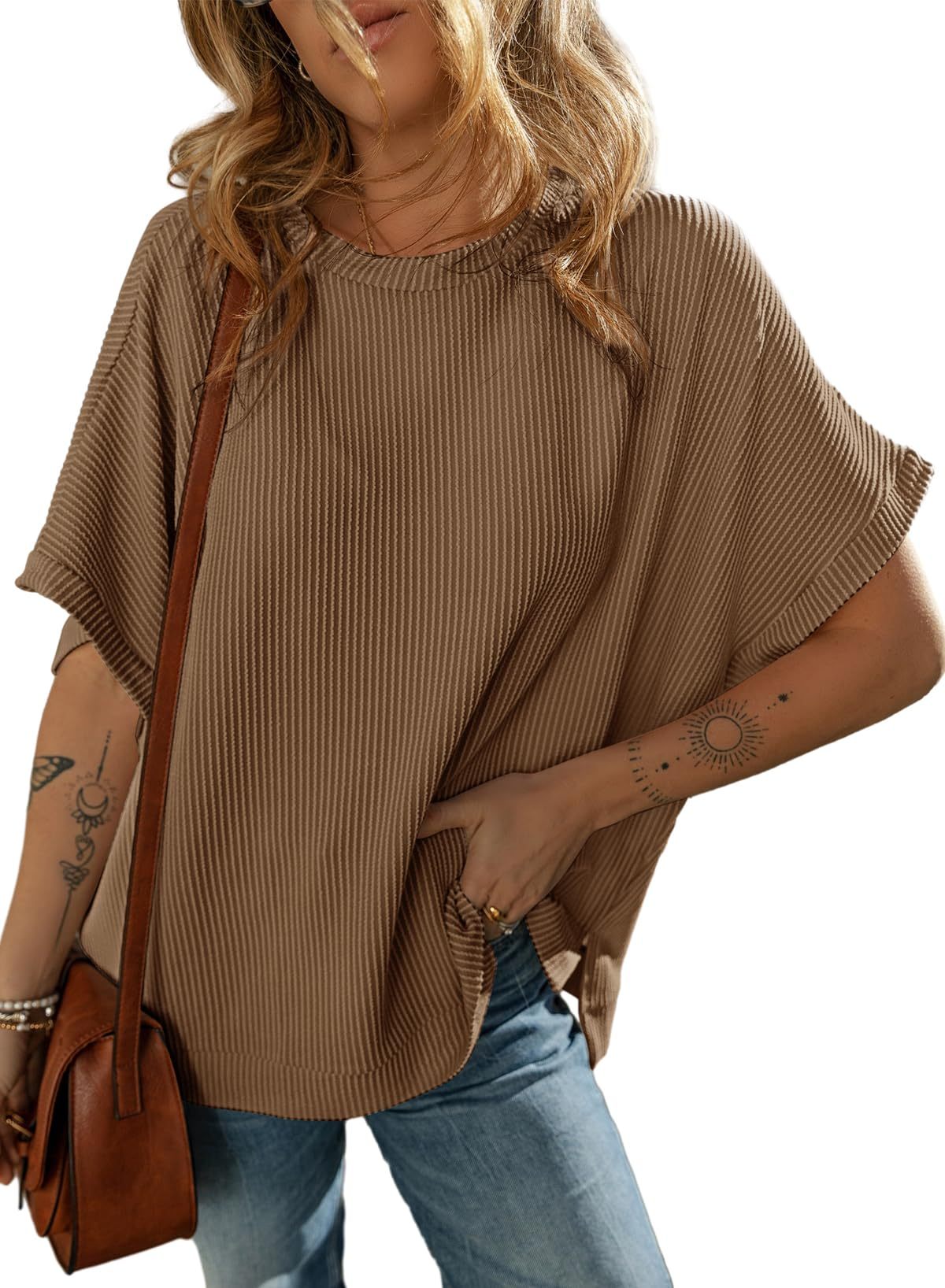 Solid Color Knitted T-Shirt Women's Half Sleeve Loose Casual Pullover Top