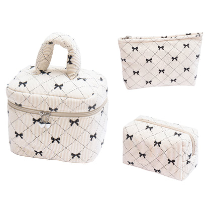 Sarah Express Corduroy Bow-Knot Makeup Bag - Large Capacity Cosmetic Organizer with Zipper