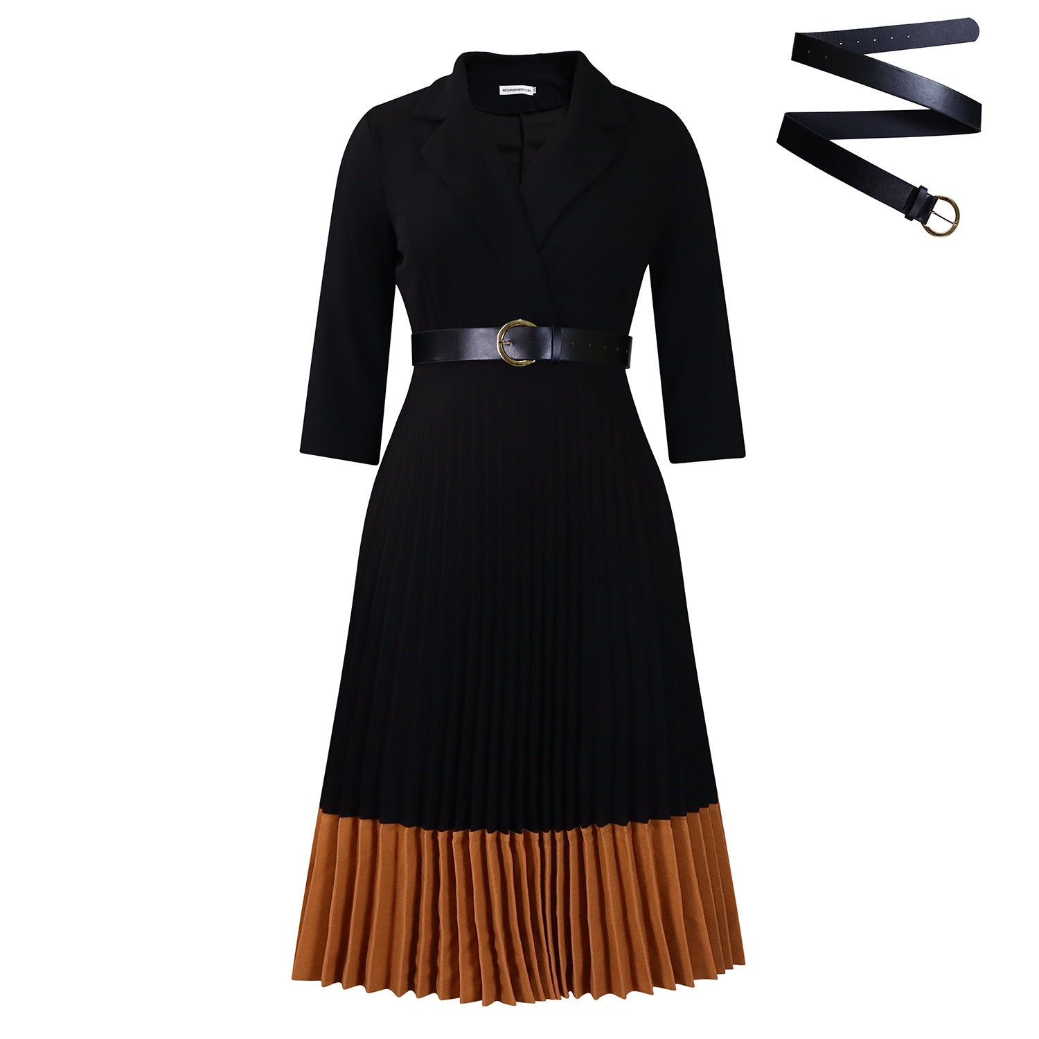 Women's Suit Collar Pleated A-Line Dress with Belt