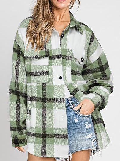 Women's Plaid Buckle Jacket - Loose Fit Long Sleeve Shacket Coat