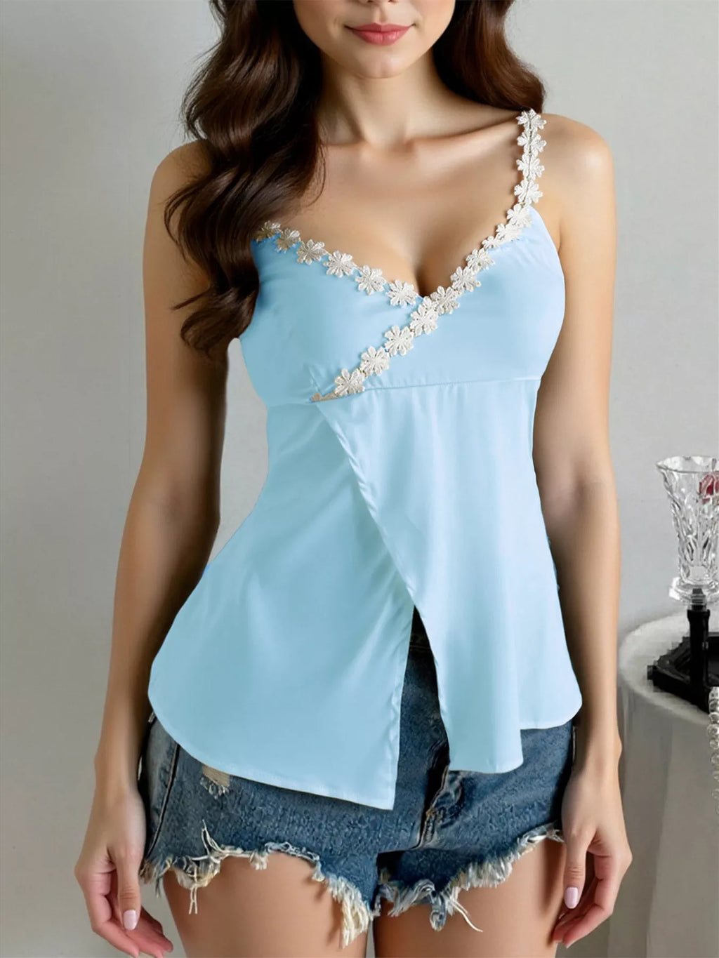 Sarah Express Women's Flower Trim Slit Cami