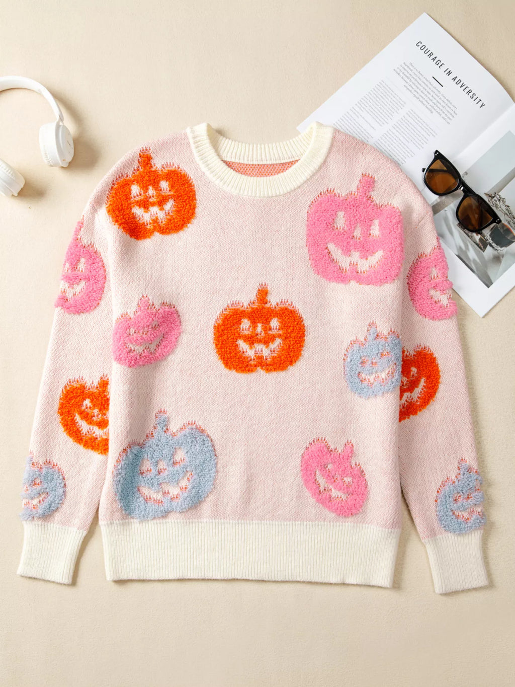 Sarah Express Women's Halloween Cute Pumpkin Pattern Sweater - Dusty Pink