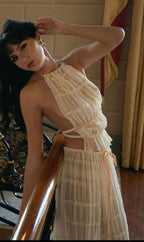 Women's Two-Piece Halter Top Pleated Maxi Skirt Set Backless Cropped Beach Outfit