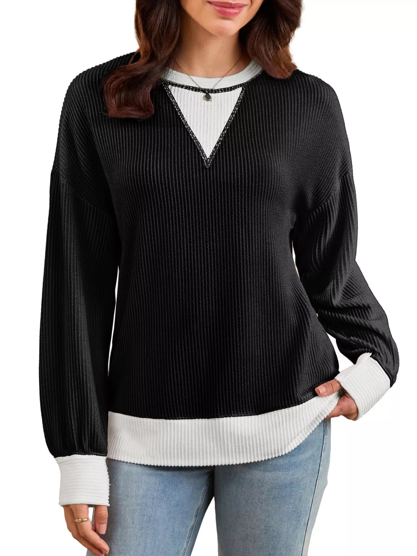 Sarah Express Women's Two-Tone Ribbed Knit Sweatshirt Black