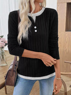 Sarah Express Women's Ribbed Knit Button Detail Contrast Sweater