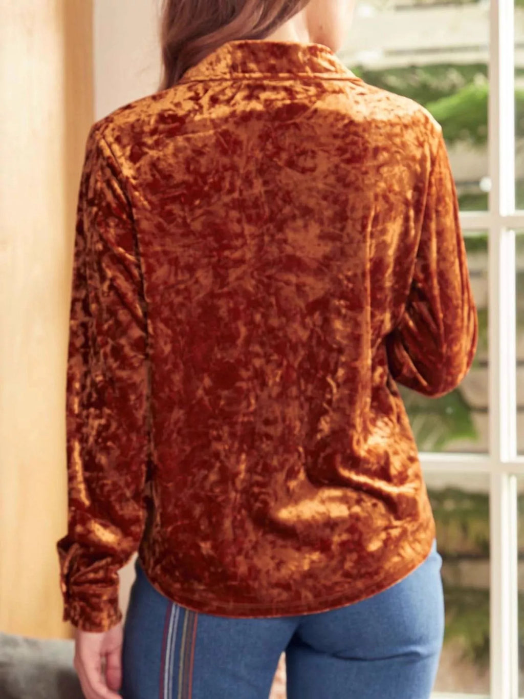 Sarah Express Women's Velvet Button-Down Long Sleeve Shirt