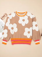 Sarah Express Women's Flower Pattern Contrast Striped Baggy Sweater