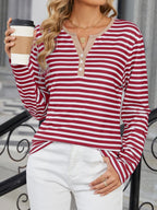 Sarah Express Women's Striped Long Sleeve Henley T-Shirt - Button Front Casual Top