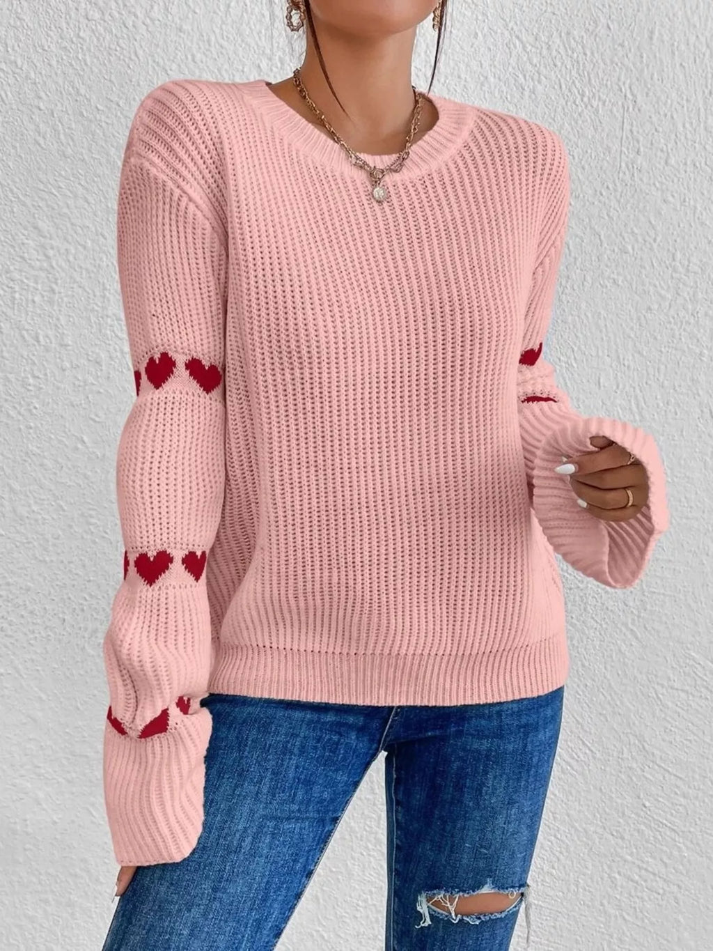 Sarah Express Women's Heart Pattern Round Neck Sweater