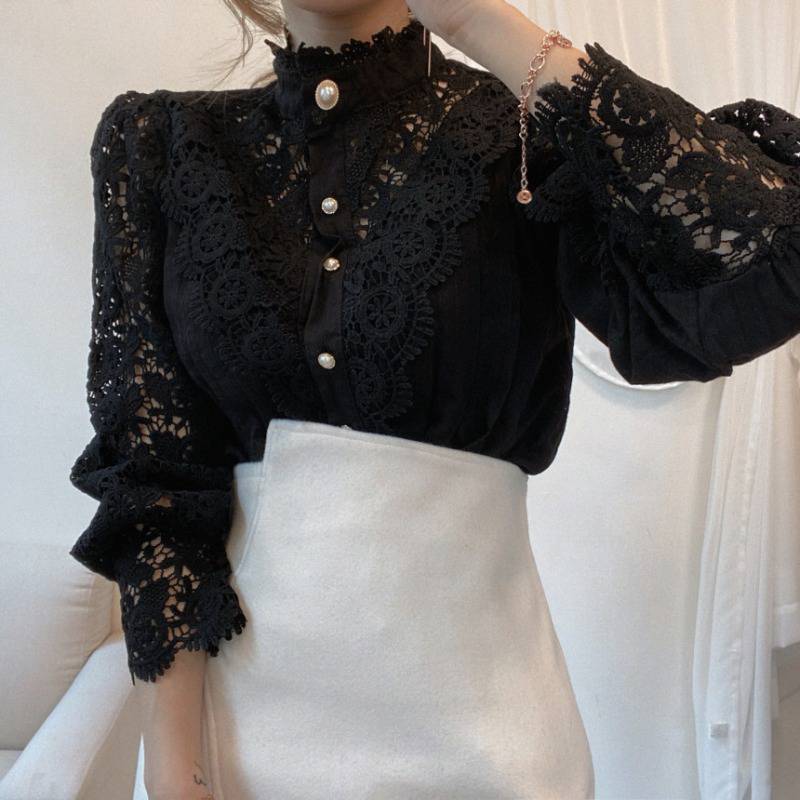 Women's Lace Stand Collar Blouse Long Sleeve Puff Sleeve Shirt