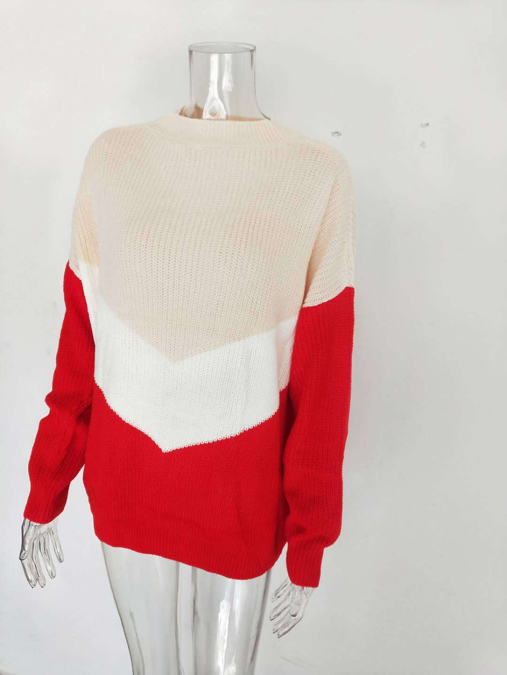 Tricolor Patchwork Knit Sweater Color Block Acrylic