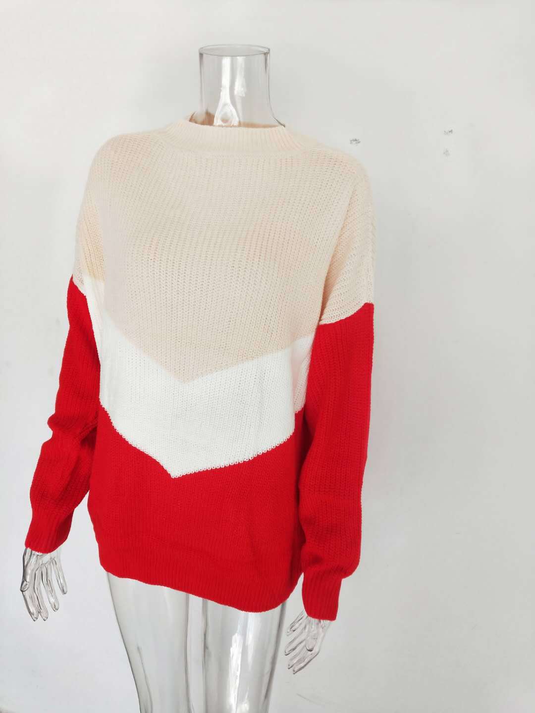 Tricolor Patchwork Knit Sweater Color Block Acrylic