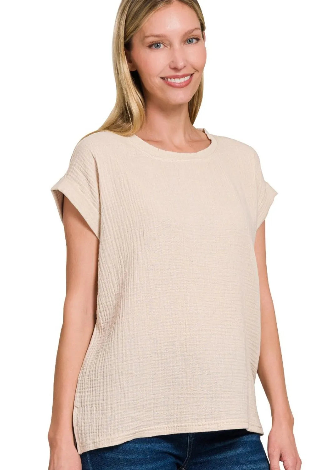 Sarah Express Women’s Oversized Double Gauze Short Sleeve Top
