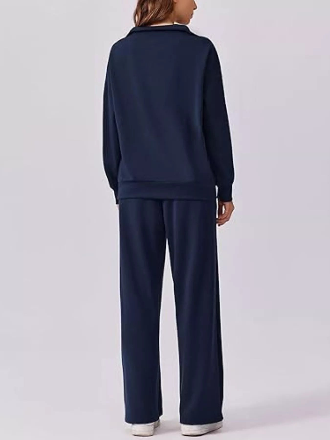 Sarah Express Women's Zip Collar Dropped Shoulder Top and Pants Set