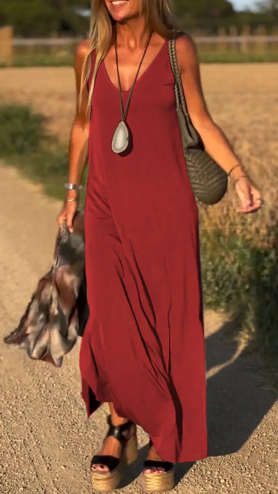 Women's V-Neck Cami Strap Maxi Dress Sleeveless Wide Waist Long Casual Summer Dress