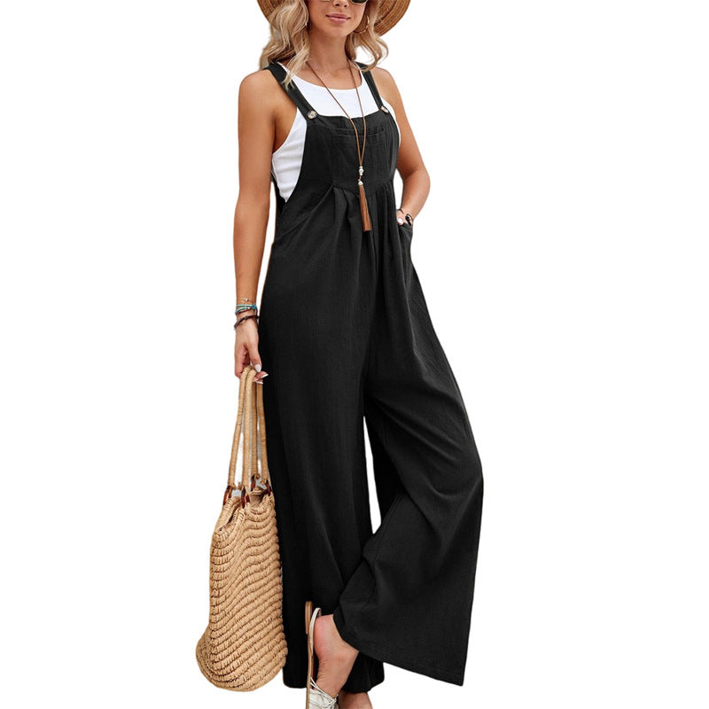 Women's Solid Color Cotton Suspender Trousers Casual Overall Straight Leg Mid Waist with Pockets