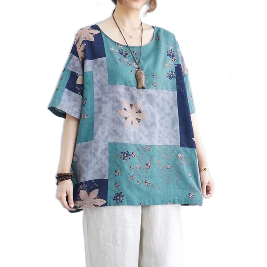 Women's Ethnic Floral Print Cotton Linen T-Shirt Loose Fit Round Neck Short Sleeve