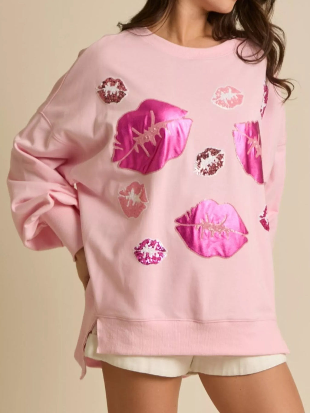 Sarah Express Women's Lips Round Neck Dropped Shoulder Sweatshirt