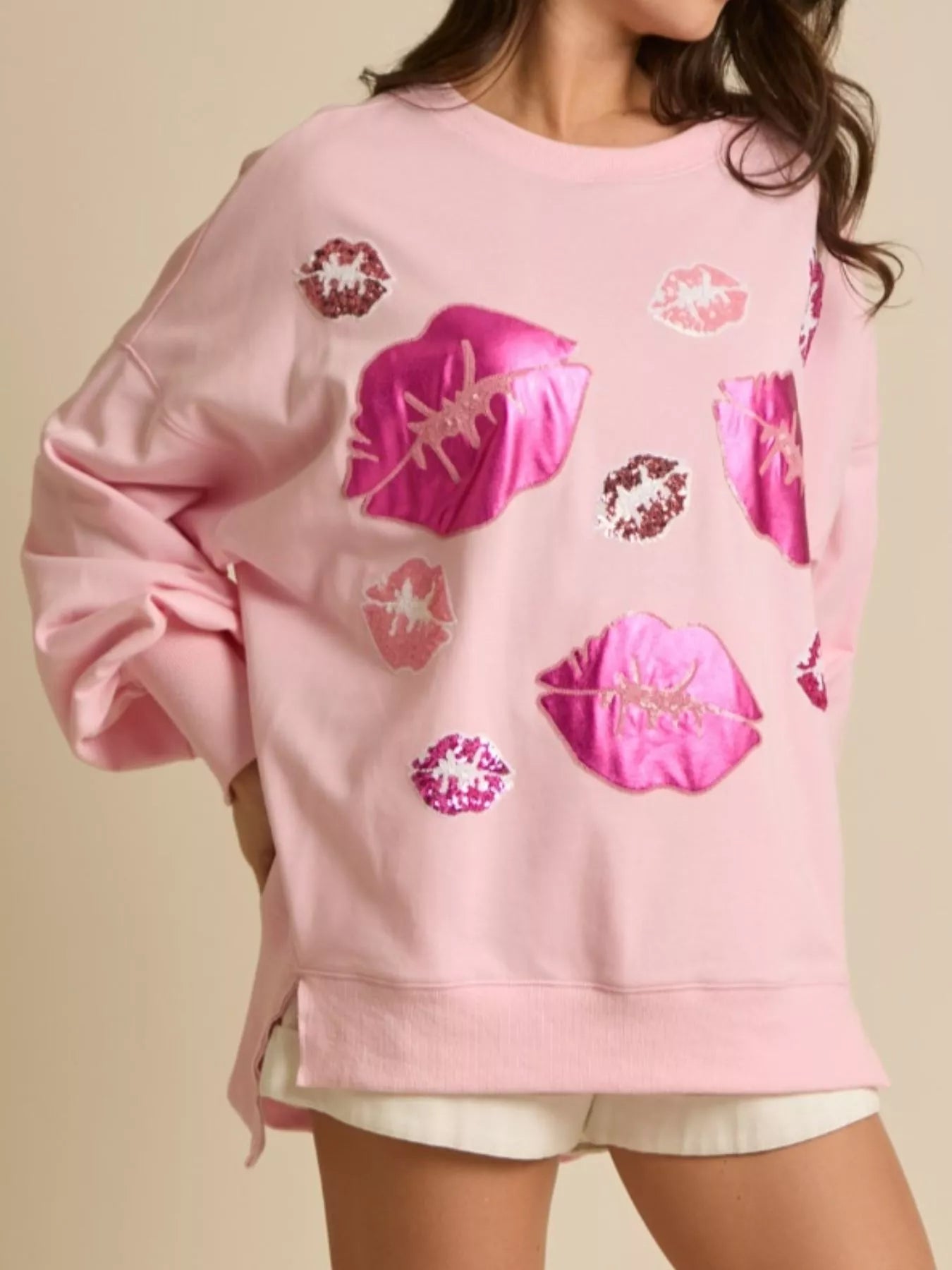 Sarah Express Women's Lips Round Neck Dropped Shoulder Sweatshirt