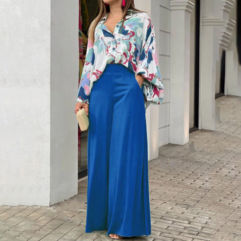 Women's Loose Elegant Printed Shirt and Wide Leg Pants Two-Piece Set