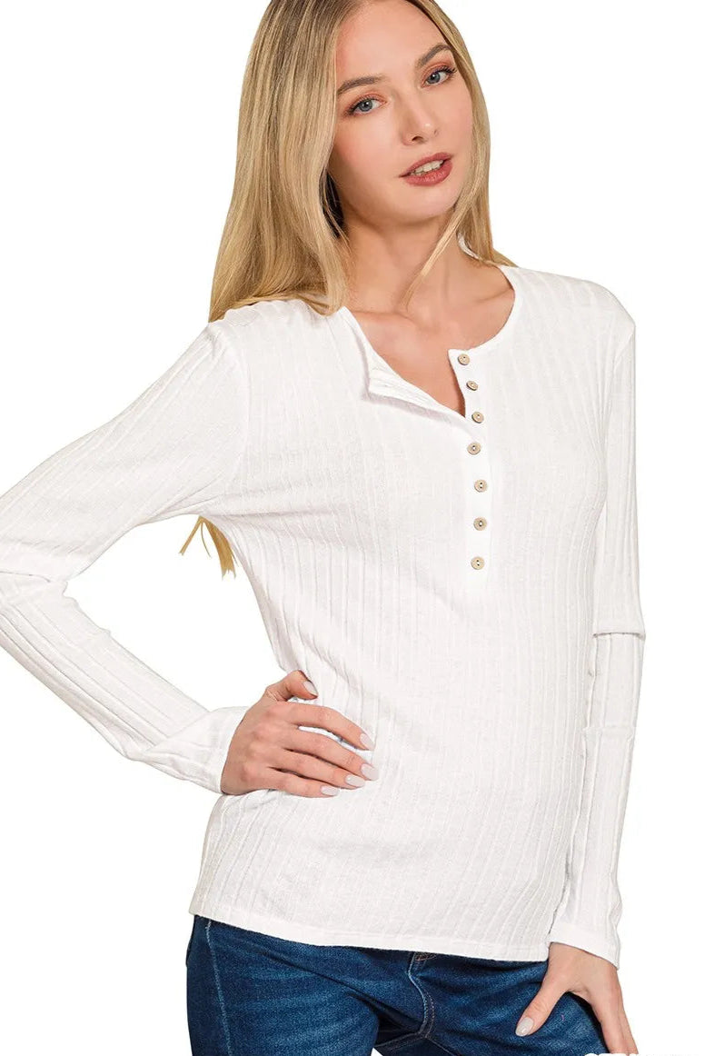 Sarah Express Women’s Ribbed Half Button Long Sleeve Top Casual