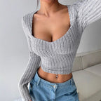 Women's Cropped Long Sleeve Striped Brushed Top