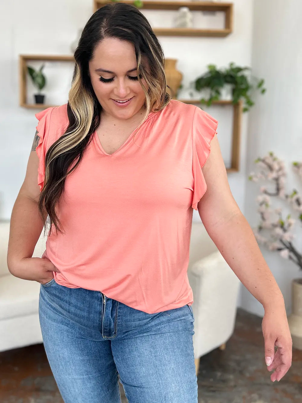 Sarah Express Women’s Plus Size Bamboo T-Shirt with Notched Neck and Ruffle Sleeves