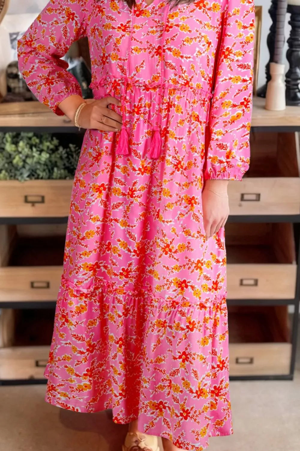 Trendsi Floral Print Tie Neck Midi Dress