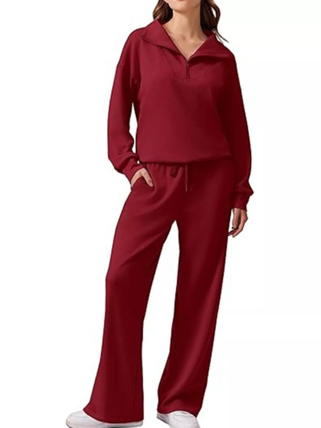 Sarah Express Women's Zip Collar Dropped Shoulder Top and Pants Set Burgundy