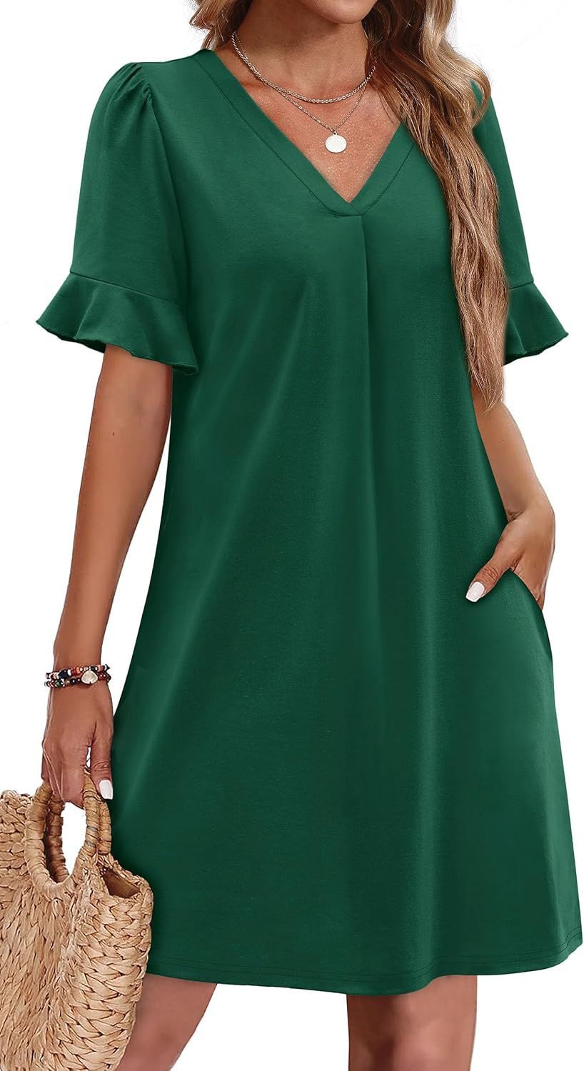 Women's V-Neck Ruffled A-Line Dress with Pockets Vacation Casual Short Sleeve